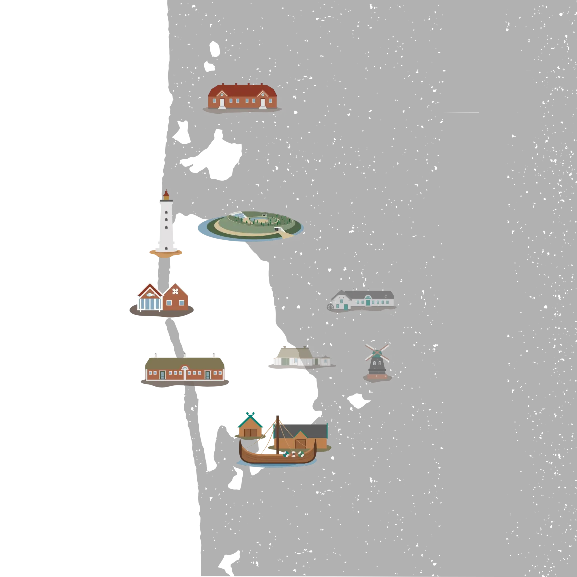 Kort der viser placeringen af Ringkøbing Fjord Museers forskellige besøgssteder rundt om Ringkøbing Fjord